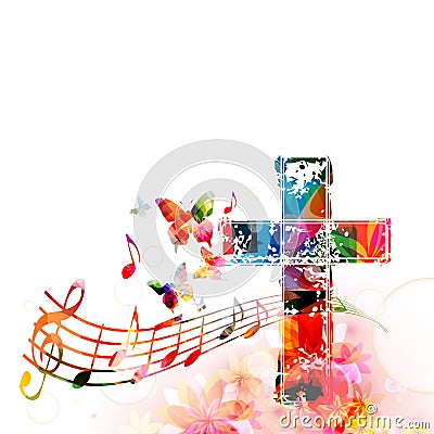 Colorful christian cross with music staff and notes isolated vector illustration. Religion themed background. Design for gospel ch Vector Illustration