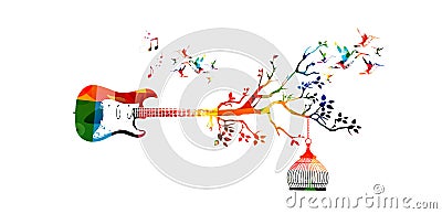 Creative music style template vector illustration, colorful guitar, nature inspired instrument background with birds. Design for p Vector Illustration