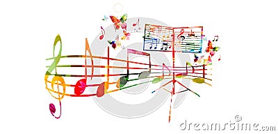 Creative music style template vector illustration, colorful music stand with music staff and notes, choir singing background. Desi Vector Illustration