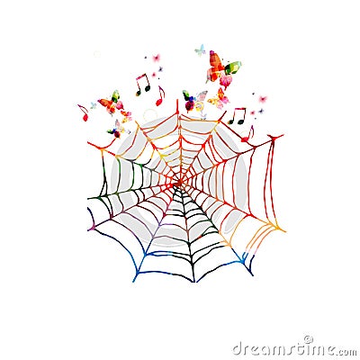 Colorful spider web with butterflies Vector Illustration