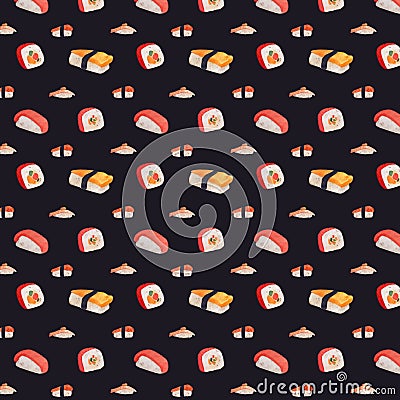 Sushi rolls watercolor seamless pattern. Japanese food handdrawn background. Stock Photo