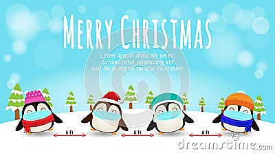 Merry Christmas for new normal lifestyle concept and social distancing, cute of penguin with surgical mask protect coronavirus Vector Illustration