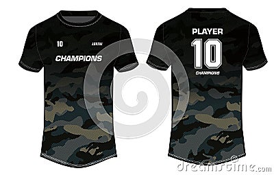 Camouflage Sports t-shirt jersey design template, mock up uniform kit with front and back view for football, soccer, cricket Vector Illustration