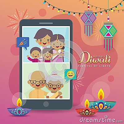 Cartoon Indian people video chat with family via smartphone to celebrate festival. Vector Illustration