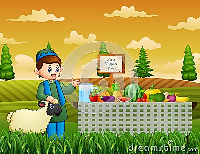 Happy Vegan Day with fruits on the table and farmer at garden Vector Illustration