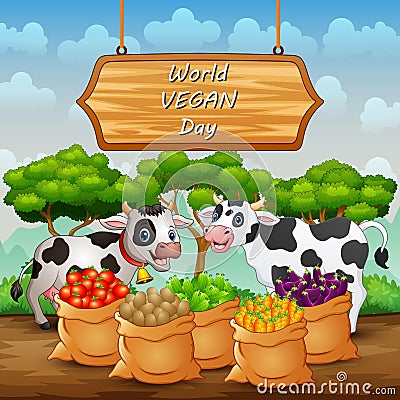 Happy World Vegan Day sign background with cow and vegetables in sack Vector Illustration