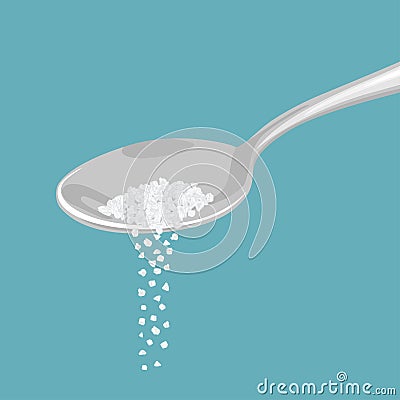 Salt pouring from a metal spoon isolated on a blue background. Vector Illustration