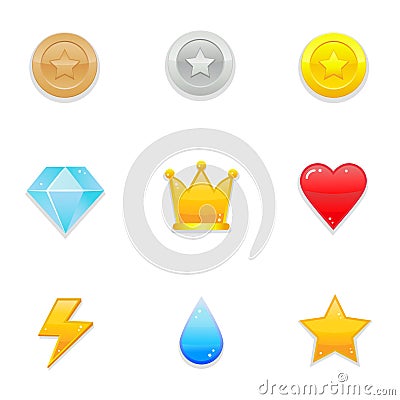 Game pack elements - user interface vector icons. Gems, coins, trophies etc. Vector Illustration