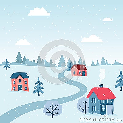 Christmas village with scenery winter landscape, Cute christmas town with flat style Stock Photo