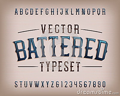Battered alphabet font. Vintage letters and numbers. Vector Illustration