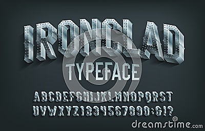 Ironclad alphabet font. 3D metal letters and numbers. Vector Illustration