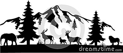 Animals scene and Snowy mountain silhouette Vector Illustration