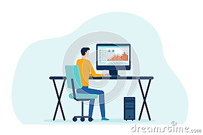 Businessman working on computer concept and business people analytics and monitoring investment and finance report graph Vector Illustration