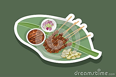 Indonesian traditional food Sate Ayam chicken satay with lontong rice cake Vector Illustration
