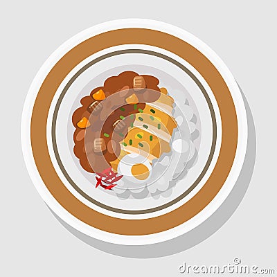 Japanese curry rice with rice, chicken katsu and boiled egg Vector Illustration