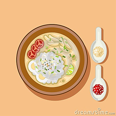 Soto Ayam is a traditional Indonesian soup mainly composed of broth, shredded chicken, lime and vegetables. Vector Illustration