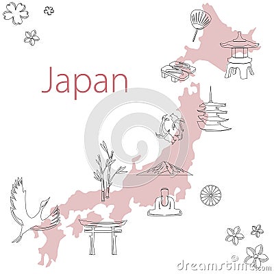 Japan vector map poster with traditional symbols and national signs, for travel and web design. Simple and nice illustration Vector Illustration