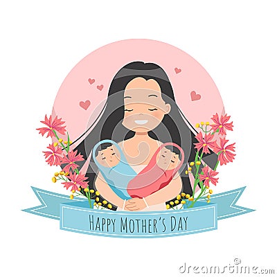 Happy Mother`s day celebration. Mom holding twin babies. Vector Illustration