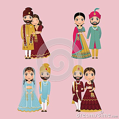 Wedding invitation card the bride and groom cute couple in traditional indian dress cartoon character Vector Illustration