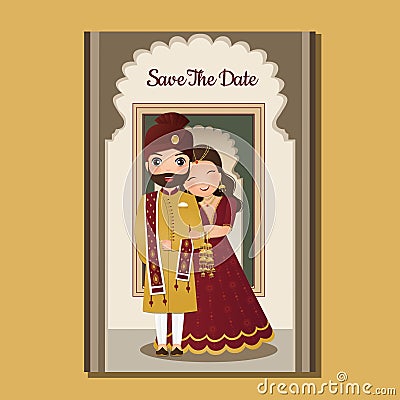 Wedding invitation card the bride and groom cute couple in traditional indian dress cartoon character Vector Illustration