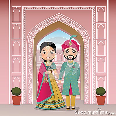 Wedding invitation card the bride and groom cute couple in traditional indian dress cartoon character Vector Illustration