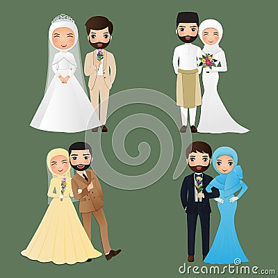 Set of characters cute muslim bride and groom.Wedding invitations card.Vector illustration in couple cartoon in love Vector Illustration