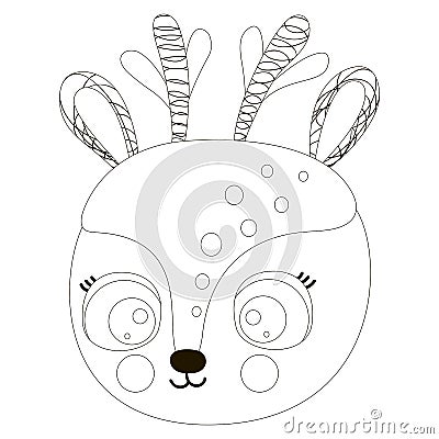 Cartoon cute black and white isolated smiling little deer face with antlers, big eyes and cheeks. Fawn contour muzzle for coloring Vector Illustration