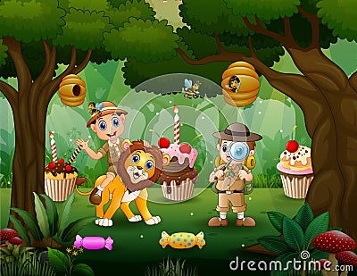 The zookeeper and lion in the sweet forest Vector Illustration