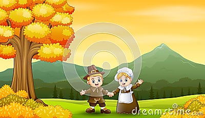 Happy pilgrim couple in the autumn background Vector Illustration