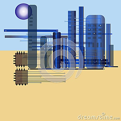 Illustration futuristic factory computer city desert. Stock Photo