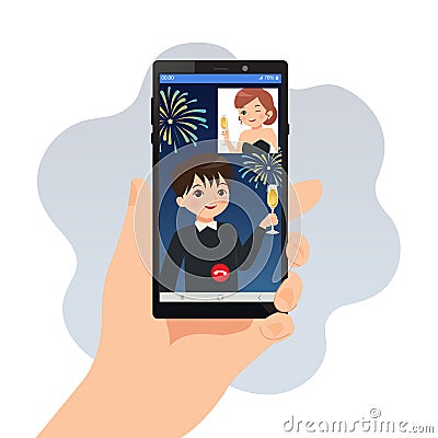 Hand holding a smartphone template isolated on white. Couple celebrate new year and champagne toast via video call. Vector Illustration