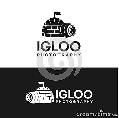 Igloo House With Photography Camera Lens Logo Design Template Vector with a black and white background Vector Illustration