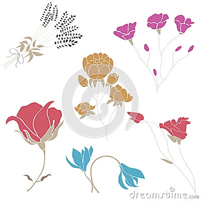 Flowers flat vector illustration set. Floral simple bright and colour picture of garden flowers Vector Illustration