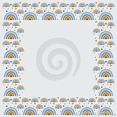 Square frame of cartoon rainbows decorated stars, circles and hatchings in yellow and gentle blue colors on a light gray backgroun Vector Illustration