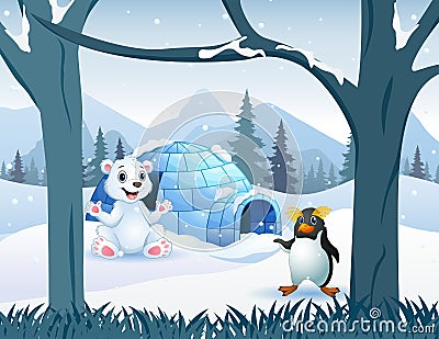 A polar bear and penguin near the igloo house Stock Photo