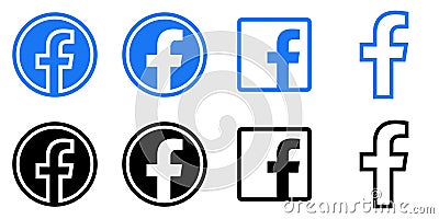 Facebook Logo - Vector Set Collection - Black Silhouette Shape - Original Latest Blue Color - Isolated. F Icon for Web Page, Mobil Vector Illustration