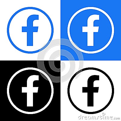 Facebook Logo - Vector Set Collection - Black Silhouette Shape - Original Latest Blue Color - Isolated. F Icon for Web Page, Mobil Vector Illustration