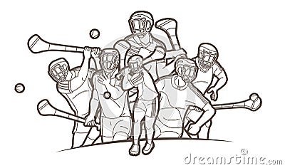 Group of Hurling sport players action. Irish Hurley sport cartoon graphic vector. Vector Illustration