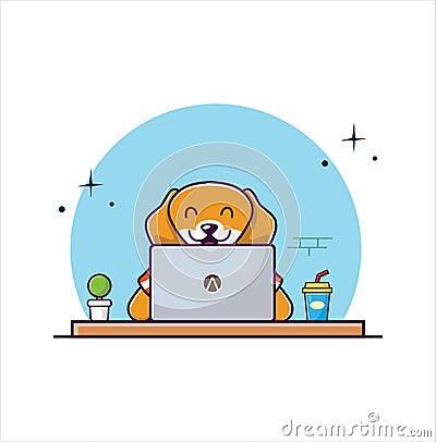 Cute Dog Working On Laptop Cartoon Vector illustration Cartoon Illustration