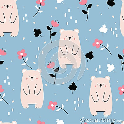 Seamless pattern with cute cartoon bears and flower for fabric print, textile, gift wrapping paper. colorful vector for kids Vector Illustration