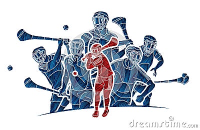 Group of Hurling sport players action. Irish Hurley sport cartoon graphic vector. Vector Illustration