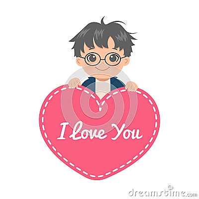 Cute glasses boy holding a big heart with message I love you. Vector Illustration