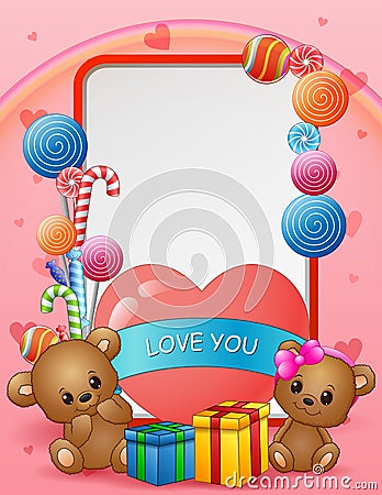 Happy Valentine`s day greeting card with a couple bear and gift Vector Illustration