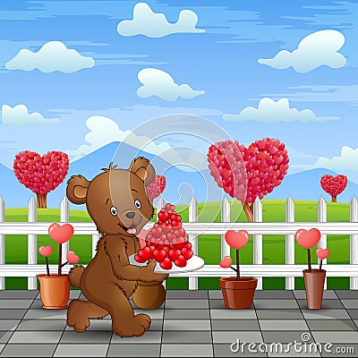 Bear carrying a plate of red heart in road park Vector Illustration