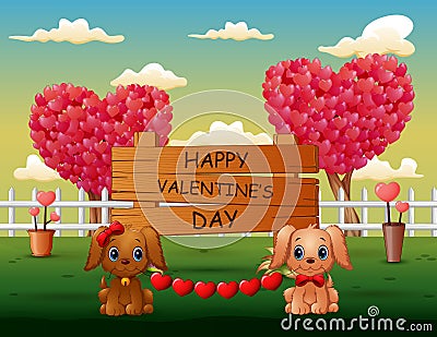 Couple valentine dogs with red heart in sweet park Vector Illustration