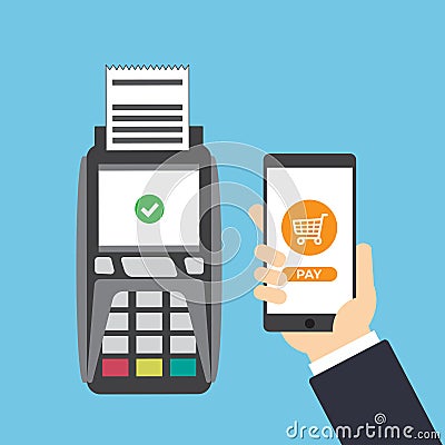 Mobile Payment Via Smartphone Pos Terminal Hand Holding Smartphone Payment Vector Illustration