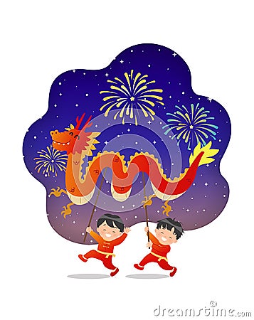 Cute kids perform Chinese dragon dance for Lunar new year festival on the night sky with fireworks. Vector Illustration