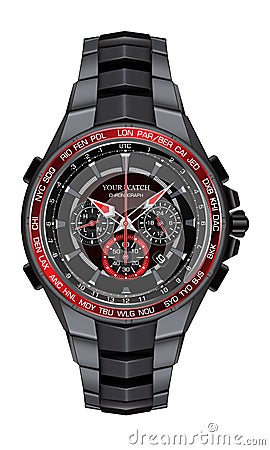 Realistic red black steel watch clock chronograph design fashion for men luxury elegance on white background vector Vector Illustration