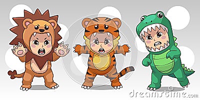 Kids Animal Costume Bundle Lion Dino and Tiger Vector Illustration