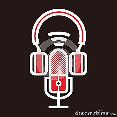 Podcast microphone and headset with connections or signal sign for broadcast, music icon, etc Vector Illustration